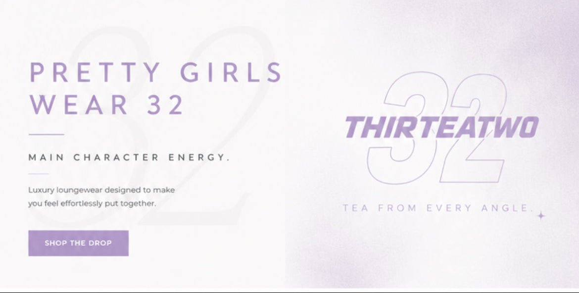 A website banner for Thirteatwo featuring the slogan 'PRETTY GIRLS WEAR 32' in purple text on a pale lavender and white background, with a 'SHOP' navigation menu at the top.
